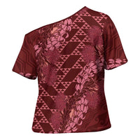 Maroon Aloha Hawaii Cross Shoulder Shirt Hawaiian Kakau Ohia Lehua Lei - Polynesian Pride
