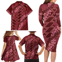 Maroon Aloha Hawaii Family Matching Long Sleeve Bodycon Dress and Hawaiian Shirt Hawaiian Kakau Ohia Lehua Lei - Polynesian Pride