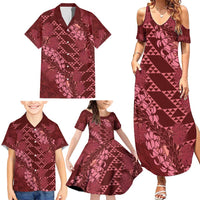 Maroon Aloha Hawaii Family Matching Summer Maxi Dress and Hawaiian Shirt Hawaiian Kakau Ohia Lehua Lei - Polynesian Pride