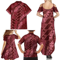 Maroon Aloha Hawaii Family Matching Summer Maxi Dress and Hawaiian Shirt Hawaiian Kakau Ohia Lehua Lei - Polynesian Pride