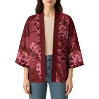 Maroon Aloha Hawaii Kimono Hawaiian Kakau Ohia Lehua Lei - Polynesian Pride