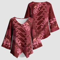 Maroon Aloha Hawaii Kimono Sleeve Blouse Hawaiian Kakau Ohia Lehua Lei - Polynesian Pride