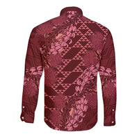 Maroon Aloha Hawaii Long Sleeve Button Shirt Hawaiian Kakau Ohia Lehua Lei - Polynesian Pride