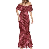 Maroon Aloha Hawaii Mermaid Dress Hawaiian Kakau Ohia Lehua Lei - Polynesian Pride