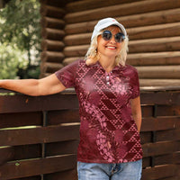 Maroon Aloha Hawaii Women Polo Shirt Hawaiian Kakau Ohia Lehua Lei - Polynesian Pride