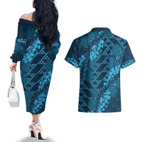 Naval Night Aloha Hawaii Couples Matching Off The Shoulder Long Sleeve Dress and Hawaiian Shirt Hawaiian Kakau Ohia Lehua Lei - Polynesian Pride
