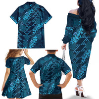 Naval Night Aloha Hawaii Family Matching Off The Shoulder Long Sleeve Dress and Hawaiian Shirt Hawaiian Kakau Ohia Lehua Lei - Polynesian Pride