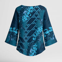 Naval Night Aloha Hawaii Kimono Sleeve Blouse Hawaiian Kakau Ohia Lehua Lei - Polynesian Pride