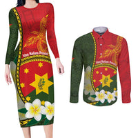 Personalised PNG Isten Hailans Provins Couples Matching Long Sleeve Bodycon Dress and Long Sleeve Button Shirt Papua New Guinea Plumeria Melanesian Pattern LT14 Green - Polynesian Pride