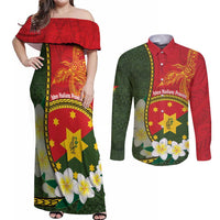 Personalised PNG Isten Hailans Provins Couples Matching Off Shoulder Maxi Dress and Long Sleeve Button Shirt Papua New Guinea Plumeria Melanesian Pattern - Polynesian Pride