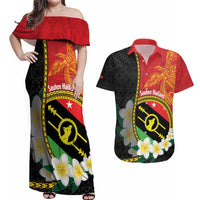 Personalised PNG Sauten Hailans Couples Matching Off Shoulder Maxi Dress and Hawaiian Shirt Papua New Guinea Plumeria Melanesian Pattern - Polynesian Pride
