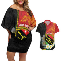 Personalised PNG Sauten Hailans Couples Matching Off Shoulder Short Dress and Hawaiian Shirt Papua New Guinea Plumeria Melanesian Pattern - Polynesian Pride