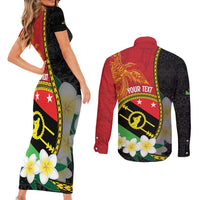 Personalised PNG Sauten Hailans Couples Matching Short Sleeve Bodycon Dress and Long Sleeve Button Shirt Papua New Guinea Plumeria Melanesian Pattern - Polynesian Pride