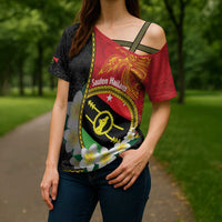 Personalised PNG Sauten Hailans Cross Shoulder Shirt Papua New Guinea Plumeria Melanesian Pattern - Polynesian Pride