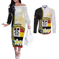 Personalised PNG Madang Provins Couples Matching Off The Shoulder Long Sleeve Dress and Long Sleeve Button Shirt Papua New Guinea Plumeria Melanesian Pattern - Polynesian Pride