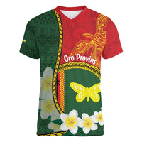 Personalised PNG Oro Provins Women V-Neck T-Shirt Papua New Guinea Plumeria Melanesian Pattern - Polynesian Pride