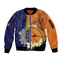 Personalised PNG Niu Ailan Sleeve Zip Bomber Jacket Papua New Guinea Plumeria Melanesian Pattern - Polynesian Pride