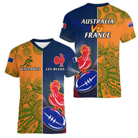 France And Australia Rugby Women V Neck T Shirt 2023 World Cup Le Bleus Wallabies Together LT14 - Polynesian Pride