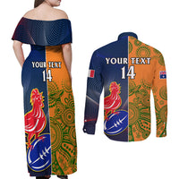 Custom France And Australia Rugby Couples Matching Off Shoulder Maxi Dress and Long Sleeve Button Shirts 2023 World Cup Le Bleus Wallabies Together LT14 - Polynesian Pride