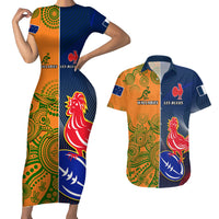 Custom France And Australia Rugby Couples Matching Short Sleeve Bodycon Dress and Hawaiian Shirt 2023 World Cup Le Bleus Wallabies Together LT14 Gold - Polynesian Pride