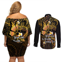 Polynesia Suicide Prevention Awareness Couples Matching Off Shoulder Short Dress and Long Sleeve Button Shirts Your Life Is Worth Living For Polynesian Gold Pattern LT14 - Polynesian Pride