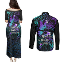 Polynesia Suicide Prevention Awareness Couples Matching Puletasi Dress and Long Sleeve Button Shirts Your Life Is Worth Living For Polynesian Blue Pattern LT14 - Polynesian Pride