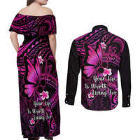 Polynesia Suicide Prevention Awareness Couples Matching Off Shoulder Maxi Dress and Long Sleeve Button Shirts Your Life Is Worth Living For Polynesian Pink Pattern LT14 - Polynesian Pride