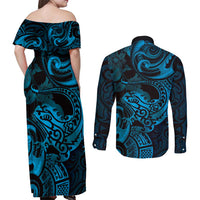 New Zealand Tuatara Couples Matching Off Shoulder Maxi Dress and Long Sleeve Button Shirt Aotearoa Maori Clematis Flowers - Blue