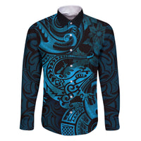 New Zealand Tuatara Family Matching Puletasi and Hawaiian Shirt Aotearoa Maori Clematis Flowers - Blue LT14 Dad's Shirt - Long Sleeve Blue - Polynesian Pride