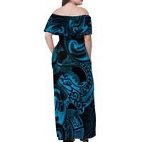New Zealand Tuatara Off Shoulder Maxi Dress Aotearoa Maori Clematis Flowers - Blue