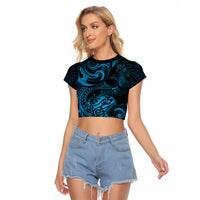 New Zealand Tuatara Raglan Cropped T Shirt Aotearoa Maori Clematis Flowers - Blue LT14 Female Blue - Polynesian Pride