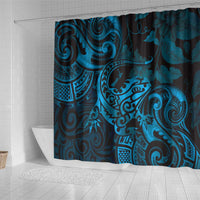 New Zealand Tuatara Shower Curtain Aotearoa Maori Clematis Flowers - Blue LT14 - Polynesian Pride
