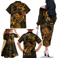 New Zealand Tuatara Family Matching Off The Shoulder Long Sleeve Dress and Hawaiian Shirt Aotearoa Maori Clematis Flowers - Gold