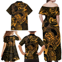 New Zealand Tuatara Family Matching Off Shoulder Maxi Dress and Hawaiian Shirt Aotearoa Maori Clematis Flowers - Gold LT14 - Polynesian Pride