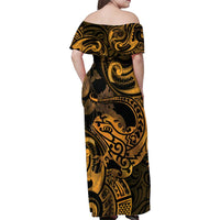 New Zealand Tuatara Family Matching Off Shoulder Maxi Dress and Hawaiian Shirt Aotearoa Maori Clematis Flowers - Gold LT14 - Polynesian Pride