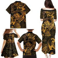 New Zealand Tuatara Family Matching Puletasi and Hawaiian Shirt Aotearoa Maori Clematis Flowers - Gold LT14 - Polynesian Pride
