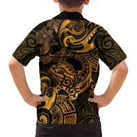 New Zealand Tuatara Family Matching Tank Maxi Dress and Hawaiian Shirt Aotearoa Maori Clematis Flowers - Gold LT14 - Polynesian Pride