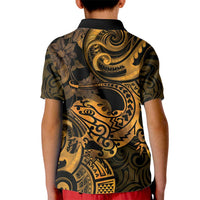 New Zealand Tuatara Kid Polo Shirt Aotearoa Maori Clematis Flowers - Gold LT14 - Polynesian Pride