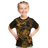 New Zealand Tuatara Kid T Shirt Aotearoa Maori Clematis Flowers - Gold LT14 Gold - Polynesian Pride