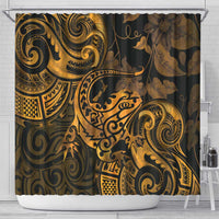 New Zealand Tuatara Shower Curtain Aotearoa Maori Clematis Flowers - Gold LT14 - Polynesian Pride