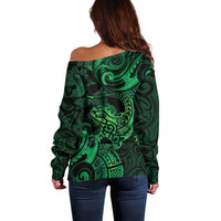 New Zealand Tuatara Off Shoulder Sweater Aotearoa Maori Clematis Flowers - Green