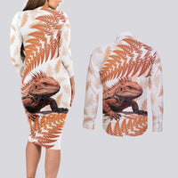 Red New Zealand Tuatara Couples Matching Long Sleeve Bodycon Dress and Long Sleeve Button Shirt Aotearoa Sphenodon Punctatus Silver Fern