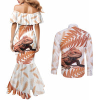 Red New Zealand Tuatara Couples Matching Mermaid Dress and Long Sleeve Button Shirt Aotearoa Sphenodon Punctatus Silver Fern