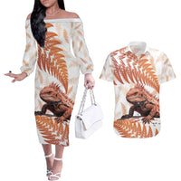 Red New Zealand Tuatara Couples Matching Off The Shoulder Long Sleeve Dress and Hawaiian Shirt Aotearoa Sphenodon Punctatus Silver Fern