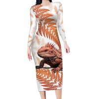 Red New Zealand Tuatara Long Sleeve Bodycon Dress Aotearoa Sphenodon Punctatus Silver Fern