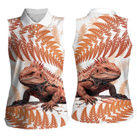 Red New Zealand Tuatara Women Sleeveless Polo Shirt Aotearoa Sphenodon Punctatus Silver Fern LT14 - Polynesian Pride