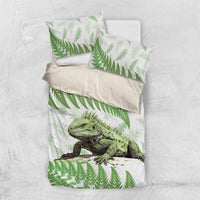 Green New Zealand Tuatara Bedding Set Aotearoa Sphenodon Punctatus Silver Fern