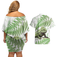 Green New Zealand Tuatara Couples Matching Off Shoulder Short Dress and Hawaiian Shirt Aotearoa Sphenodon Punctatus Silver Fern