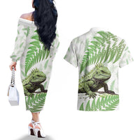 Green New Zealand Tuatara Couples Matching Off The Shoulder Long Sleeve Dress and Hawaiian Shirt Aotearoa Sphenodon Punctatus Silver Fern