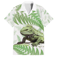 Green New Zealand Tuatara Family Matching Off Shoulder Short Dress and Hawaiian Shirt Aotearoa Sphenodon Punctatus Silver Fern LT14 Dad's Shirt - Short Sleeve Green - Polynesian Pride